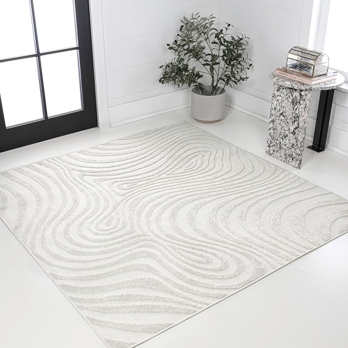 JONATHAN Y Maribo High-Low Abstract Striped Cream/Ivory 7x7 Square Indoor/Outdoor Area Rug, Pet Friendly, Non-Shedding, Stain Resistant, Easy-Cleaning for Backyard, Patio, Porch (SCN103A-7SQ)
