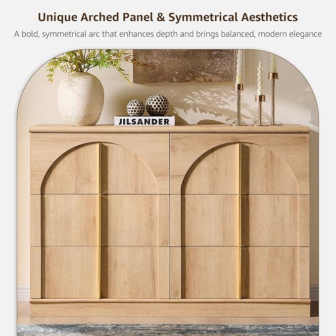 ACCOHOHO Arched Dresser for Bedroom with 6 Drawers, 47.3" Wide Modern Chest of Drawers with Rounded Edge & Metal Handles, Wood Storage Closet Dressers TV Stand for Living Room, Hallway, Oak