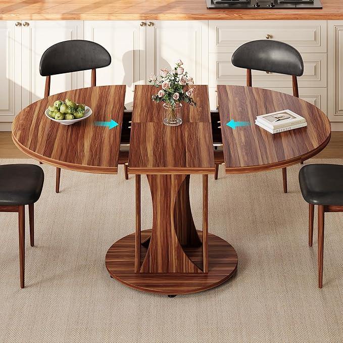 Einhomn 59" Extendable Round Dining Table for 6-8, Kitchen Table with Sturdy Double Arc Base & Backboard Clasp Desktop, Mid-Century Modern Dinner Table, Kitchen Dining Room, Space Saving, Walnut