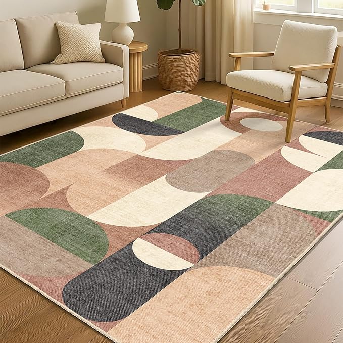 Modern Rug 4x6.5 Washable Area Rugs for Bedroom Living Room Kitchen Entryway Bedside,Small Retro Orange Geometric Non Slip Carpet