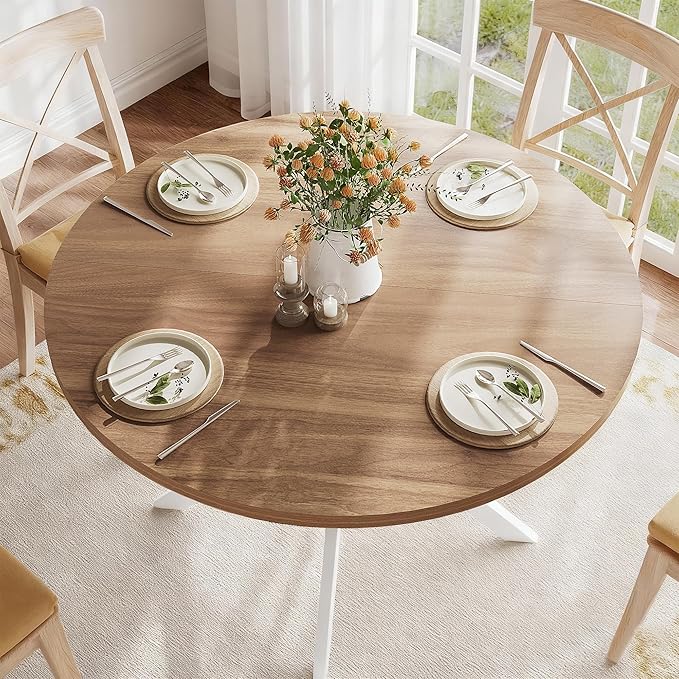 ChooChoo 47.2 Inch Round Dining Table for 4, Farmhouse Wood Kitchen Table, Circle Dinner Table for Kitchen & Dining Room, Walnut&White