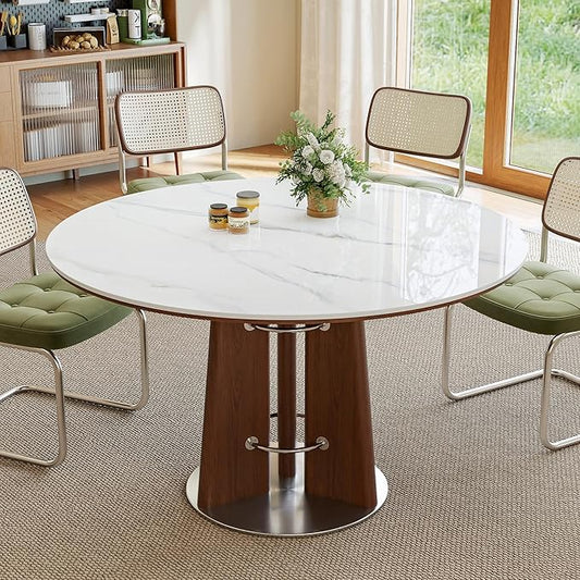 47” Round Dining Table with Solid Wood Base, White Sintered Stone Tabletop, Scratch and Heat Resistant, Modern Marble Table for Kitchen, Dining Room