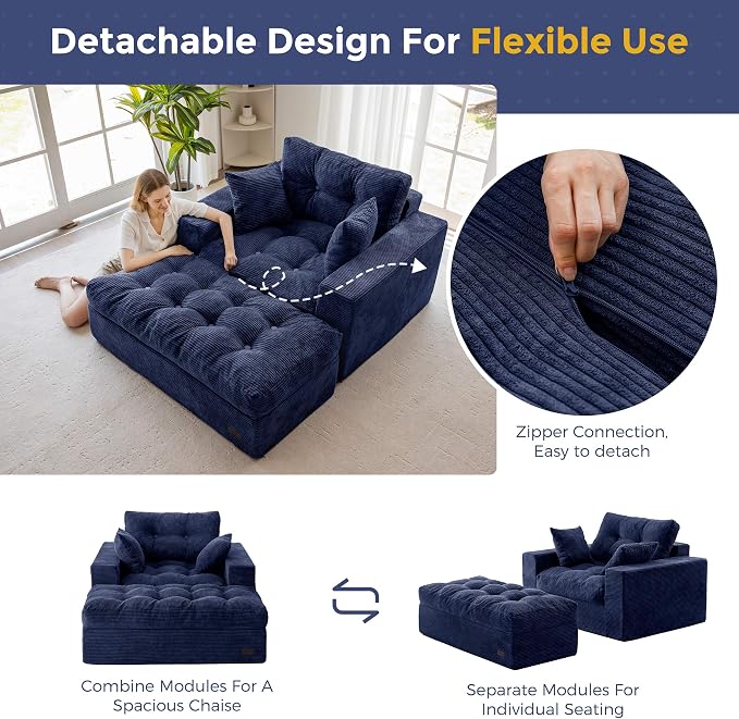 MAXYOYO Oversized Chaise Lounge Sofa, Upholstered Lounge Chair with 3 Pillows, Tufted Boneless Sofa Couch with Ottoman, Deep Seat Chair for Living Room, No Assembly, Navy
