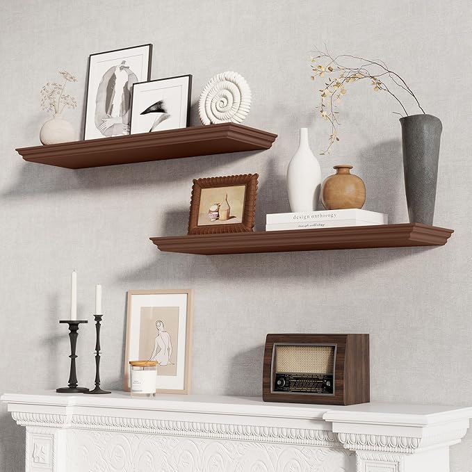 Fun Memories Floating Shelves 32 Inch Long, 9.3 Inch Deep Classic Crown Molding Floating Shelves for Wall, Rustic Wooden Shelves for Wall Decor Bathroom, Kitchen, Office, (Walnut, 2Pack)