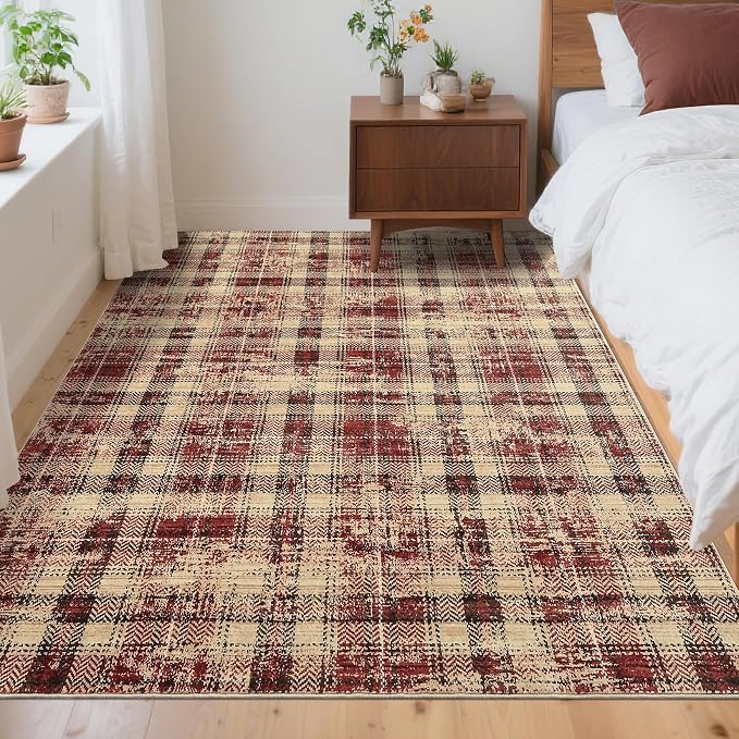 Washable Rugs 4x6 Rug for Living Room Modern Plaid Area Rug for Bedroom Tartan Farmhouse Red Non Slip Entryway Rug Soft Stain Resistant Carpet for Nursery Entrance Dining Room 4'x6' Red