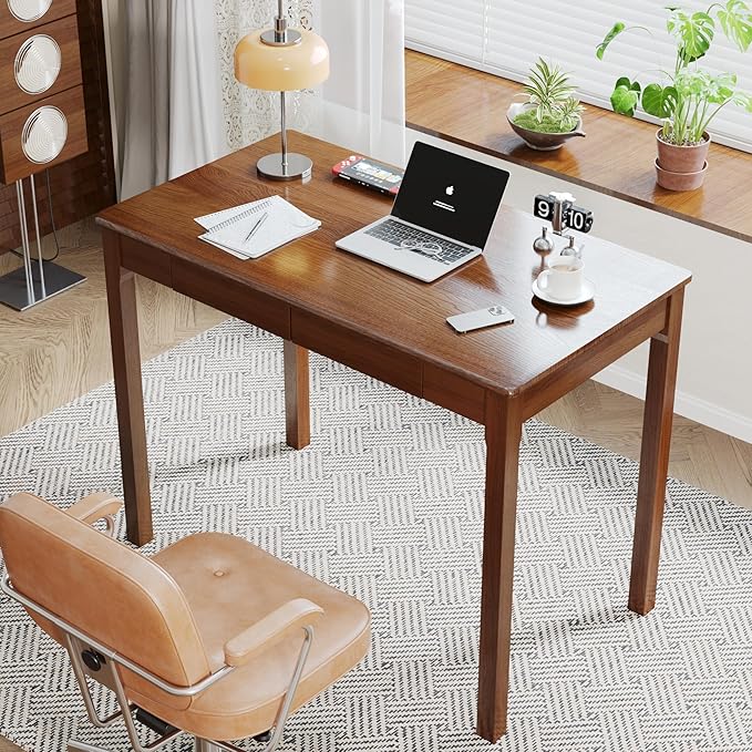 Solid Wood Desk with Drawers - 39 x 22 Inch Vintage Desks, Mid Century Modern Desks, Rubber Wood Study Table, Writing Desk with Drawers for Bedroom|Any Spaces - Walnut Color