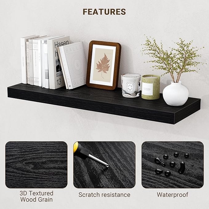 16 Inch Floating Shelves, 16"x9.25"x1.5" Inch Deep Floating Shelves for Wall, Wooden Shelves for Bathroom, Bedroom, Living Room, Black