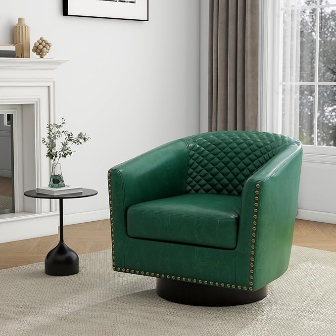 UIXE Swivel Accent Chairs Set of 4, PU Leather Barrel Club Chair for Living Room, Upholstered Round Armchair Comfy Single Sofa Bedroom Reading Seat - Green