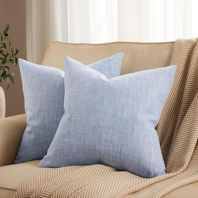 ZeeMart Rustic Cotton Linen Throw Pillow Covers Set of 2, 22x22 Inch Blue, Farmhouse Style Decorative Couch Pillow Cases Dusty Blue Cushion Covers for Sofa Bed Living Room Home Decor