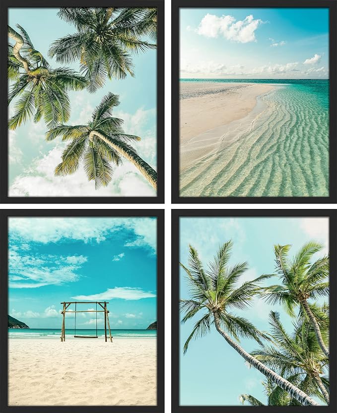 SIGNWIN Framed White Topical Teal Sky Palm Tree Beach Ocean Seaside Wall Art, Set of 4 Landscape Colorful Wall Decor Prints, Nature Wilderness Wall Décor for Living Room, Bedroom - 11"x14" Black