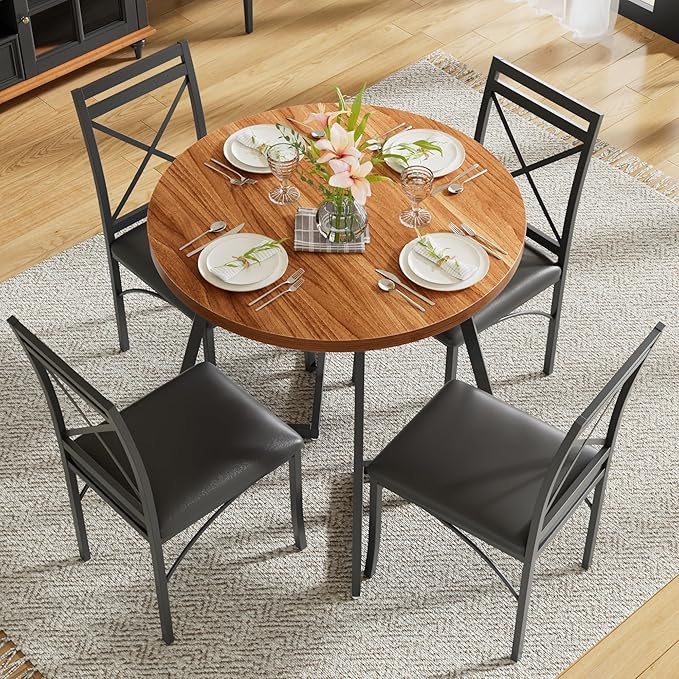 VECELO 35" Round Dining Table for 4, Wood-Grain Tabletop & Heavy-Duty Steel Frame, for Kitchen, Living Room, Easy Assembly, Walnut