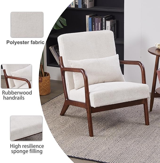 Accent Chairs Set of 2, Mid Century Modern Chair with Pillow, Arm Chair with Solid Wood, Reading Relaxing Leisure Chair for Living Room, Waiting Room, White
