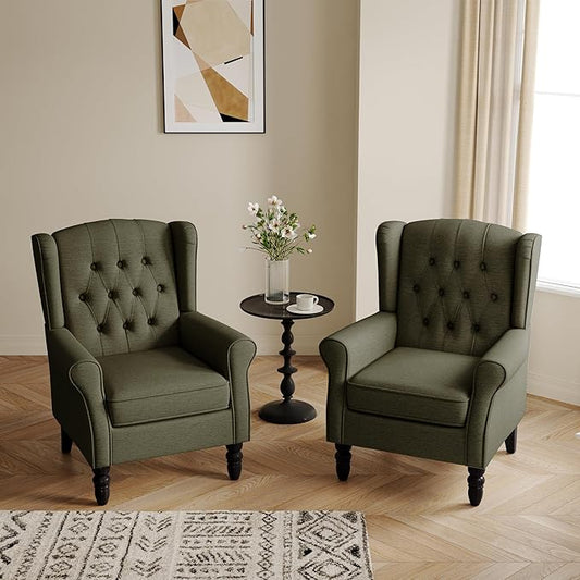 Lumibee High Back Accent Chairs Set of 2,Upholstered Wingback Armchair with Solid Wood Legs for Small Spaces,Comfy Single Sofa Chair for Living Room, Bedroom, Office-Green