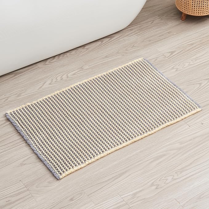 Douceur Waffle Bath mat for Bathroom Floor Non Slip, Super Soft Acrylic Blend Bath Rugs with Tassels, Quick Dry Bathroom Rugs Machine Washable,24" x 36", Grey&Yellow