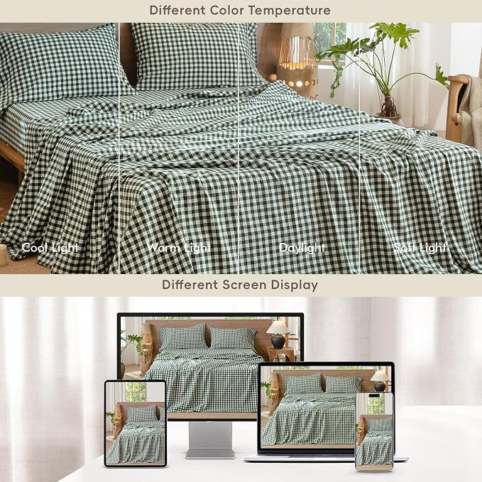 MooMee Gingham Sheet Set 100% Washed Cotton Linen Like Textured Breathable Soft w/Fully Elasticized 16-19" Deep Pocket (Classic Gingham Forest Green, Queen)