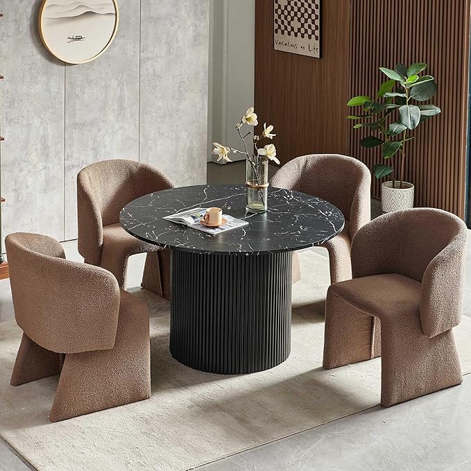 NORDICANA 5-Piece Round Dining Table Set for 4, Modern 47-Inch Kitchen Table and Chair Set, Dining Set with Brown Upholstered Armchairs, Manufactured Wood Top with Black Marble Effect Finish