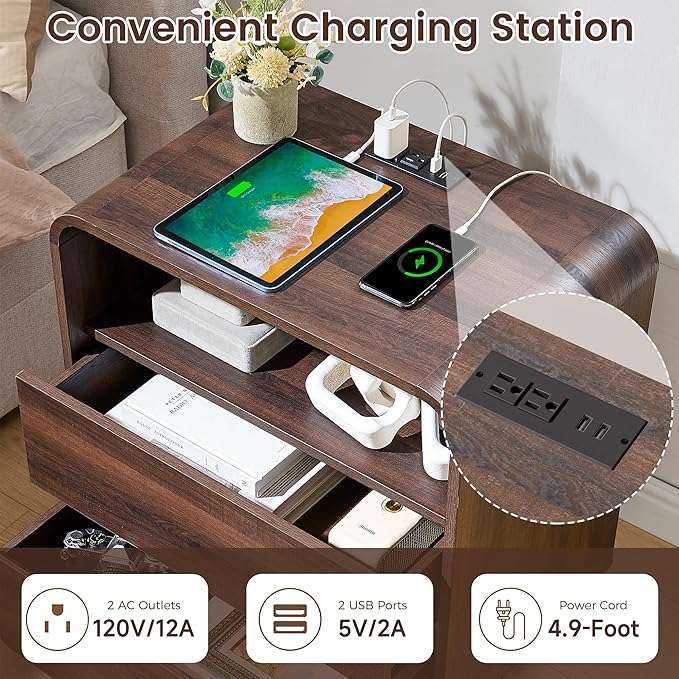 Curved Nightstand Set of 2 with Charging Station, 23.2" Wide Wood Bedside Table 2 Storage Drawers, Modern Side Table Handleless End Table, Walnut Night Stand for Bedroom, Office