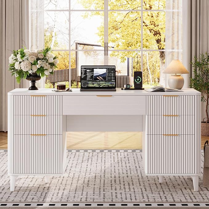 55.1" Fluted Executive Desk with Drawers, White Desk with Storage Cabinet, Home Office Desk with Charging Station, Farmhouse Desk with File Cabinet for Office Home