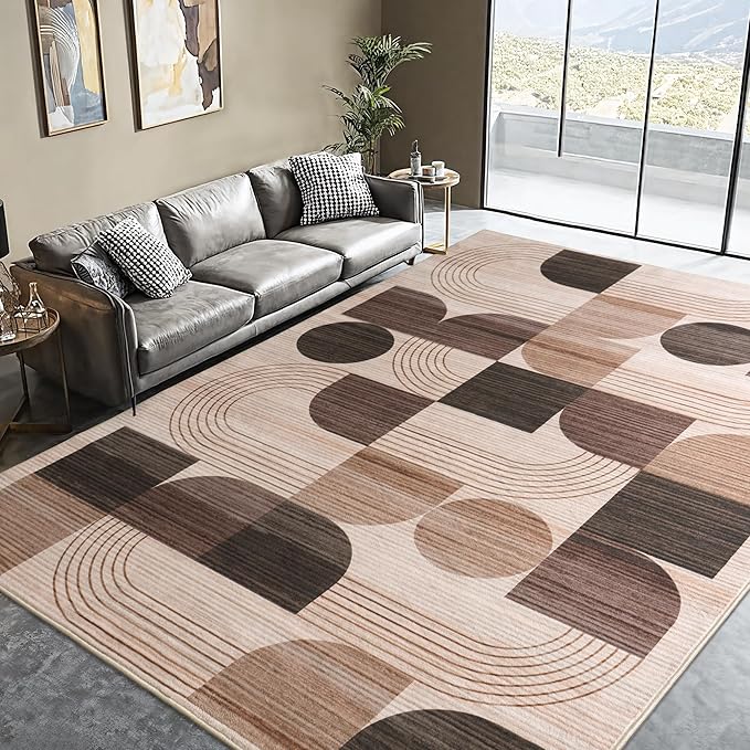 Large Machine Washable 8x10 Area Rug, Soft Modern Geometric Abstract Brown Rugs for Bedroom Living Room, Non-Shedding Faux Wool Indoor Throw Floor Carpet for Office Entryway Dining Room Decor