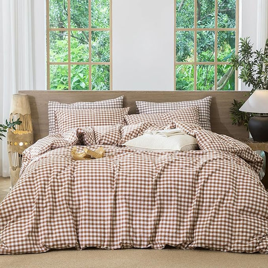 MooMee Gingham Duvet Cover Set 100% Washed Cotton Linen Like Textured Breathable Durable Soft Comfy Modern Checkered Design (Dark Orange Gingham, Cal King 104"x98")