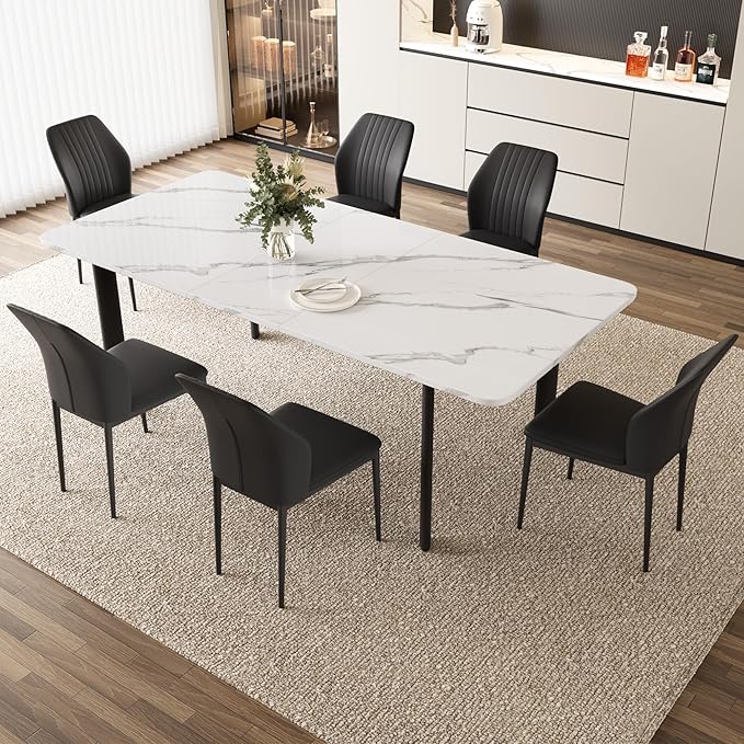 Extendable Dining Table Set for 6-8 People, 63 to 78.7 Inch MDF Kitchen Table with 6 Upholstered Chairs, Space-Saving for Dining Room, Breakfast Nook(White Table & 6 Black Chairs)