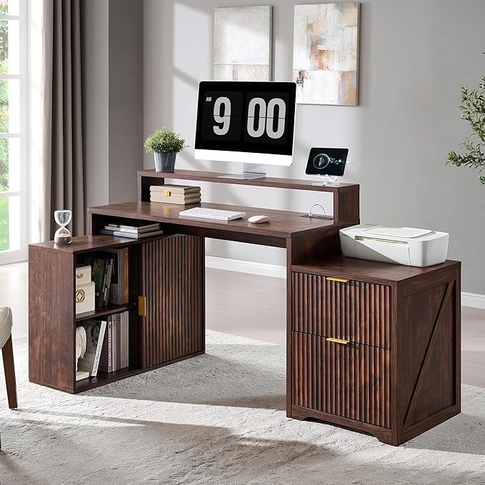 JXQTLINGMU 67" Modern L Shaped Desk with Storage Cabinet & Drawers, Wood Home Office Desk with Power Outlets, Fluted Computer Writing Desk, Dark Walnut
