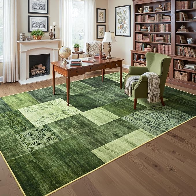 Tepook 6x9 Green Area Rugs for Living Room, Modern Large Geometric Rug for Bedroom, Washable Patchwork Rug Indoor Non Slip Throw Carpets for Dining Room Office Farmhouse Home Decor