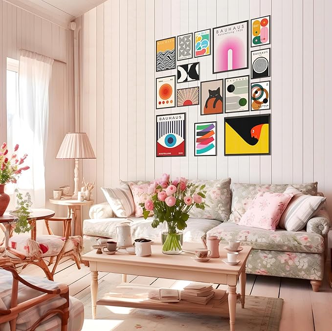 LANCHI95 15PCS Boho Wall Decor – Mid Century Modern Wall Art Boho Posters, Minimalist Posters for Living Room Aesthetic, Bauhaus Wall Art Abstract Poster, Collage Kit Pictures - UNFRAMED