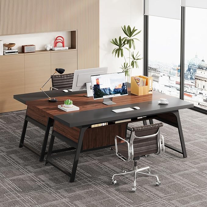 63-inch Executive Desk with Storage Shelf, Large Home Office Desk with Metal Frame & LED Light, Long Computer Desks for Home Office, Walnut and Black