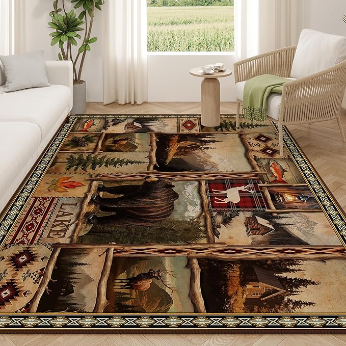 Vintage Moose Bear Cabin Rug for Living Room 8'x10', Rustic Lodge Area Rug for Bedroom Indoor Dining Floor Carpet, Non-Slip Machine Washable Farmhouse Carpet Vintage Living Room Decor