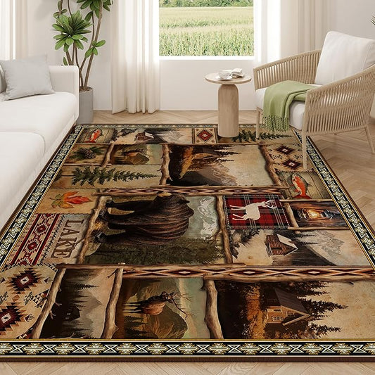 Vintage Moose Bear Cabin Rug for Living Room 8'x10', Rustic Lodge Area Rug for Bedroom Indoor Dining Floor Carpet, Non-Slip Machine Washable Farmhouse Carpet Vintage Living Room Decor