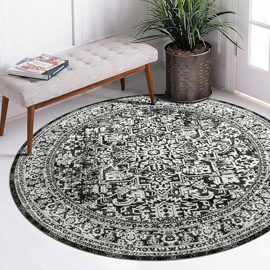 vivorug Round Rug 4ft Vintage-Inspired Round Area Rug Non-Slip Indoor Carpet for Living Room Bedroom Entryway, Stain Resistant Home Decor Circle Rug, Black and White