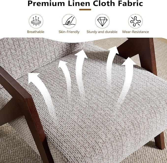 Bonzy Home Mid-Century Modern Accent Chair with Solid Wood Frame, Upholstered Armchair for Bedroom & Living Room,Reading Side Chair with Soft Lien Fabric Cushion,Easy Assembly