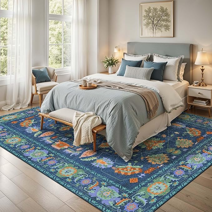 Kokia 9x12 Area Rugs Living Room Washable Non Slip Low Pile Vintage Oushak Stain Resistant Soft Large Oriental Rugs for Bedroom, Dining Room, Kitchen, Indoor Leisure Rooms, Nova Peacock