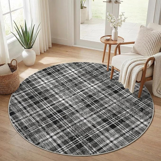 Tartan Plaid Washable Round Rugs 4ft, Non-Slip Soft Ultra-Thin, Small Round Rug Circle Stain Resistant Low Pile Carpet for Entryway Kitchen Bedroom Nursery Bathroom, Black