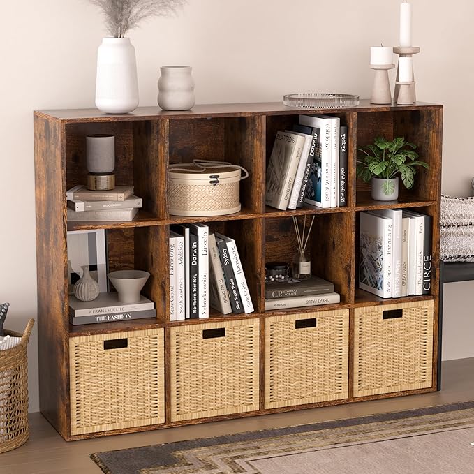Wooden 12 Cube Storage Organizer with Closed Back Panel,Brown Cube Shelf Cubby Storage Organizer with Compartments for Living,Bookshelf, Easy to Install (Retro Brown, 12-Cube-11in)