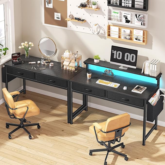 DurayLoly Gaming Desk with LED Lights & 2 Fabric Drawers, 39.4Inch Home Office Computer Desk with Side Pocket & Ergonomic Monitor Stand, Small Space Study Writing Table with Anti-Tip Design,Black