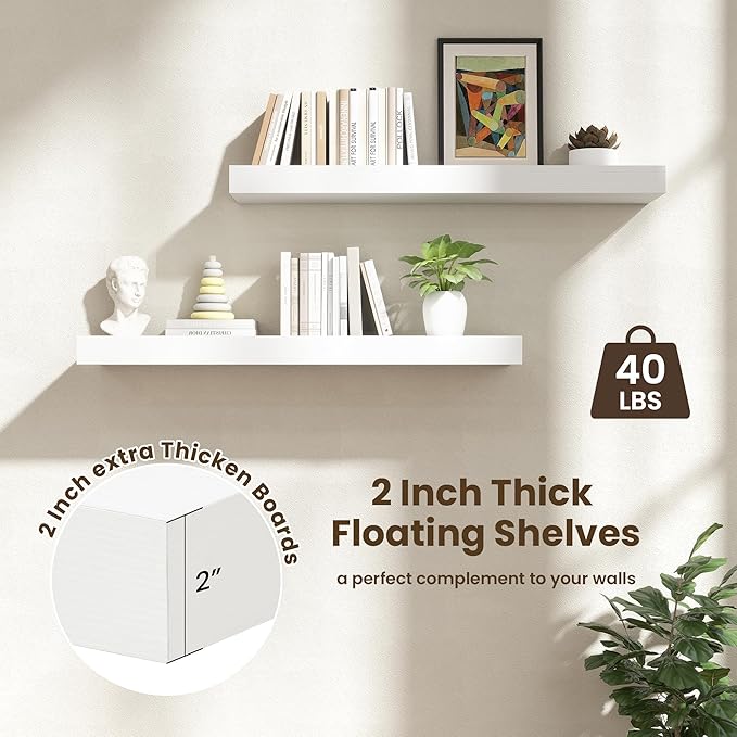 Deep Floating Shelves | 40 Inch White Floating Shelves Set of 2 | 12 Inch Deep Wood Wall Shelves | 40" W x 12" D White Shelves for Bathroom Living Room Kitchen Laundry Room