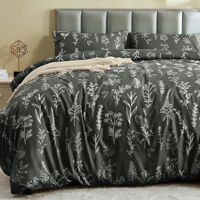 MUXHOMO Duvet Cover Queen Size, Reversible Floral Dark Grey Duvet Cover Set with Zipper Closure, 3 Pieces Botanical Patterns Soft Microfiber Bedding Set with 4 Ties (90"x90", 2 Pillow Cases)