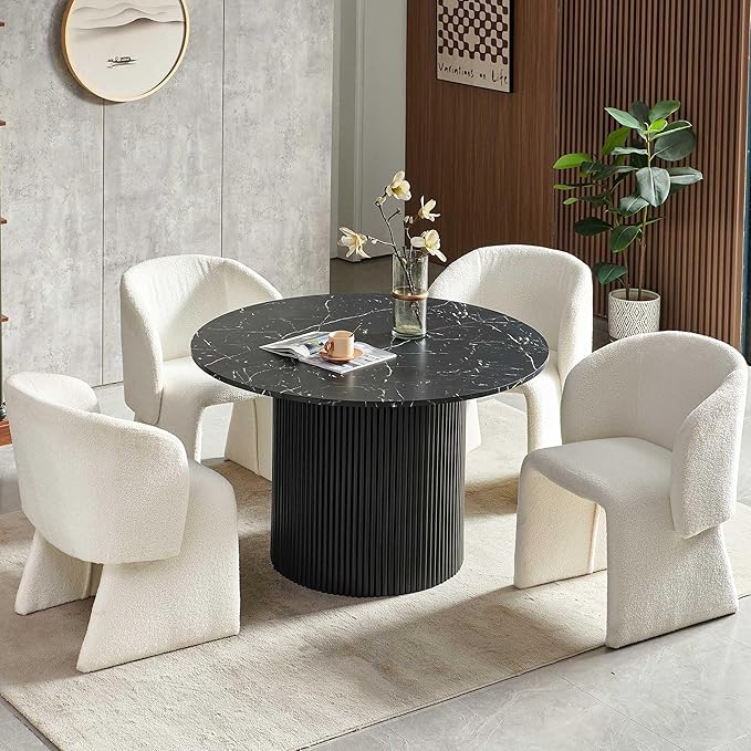 NORDICANA 5-Piece Round Dining Table Set for 4, Modern 47-Inch Kitchen Table and Chair Set, Dining Set with Off White Upholstered Armchairs, Manufactured Wood Top with Black Marble Effect Finish