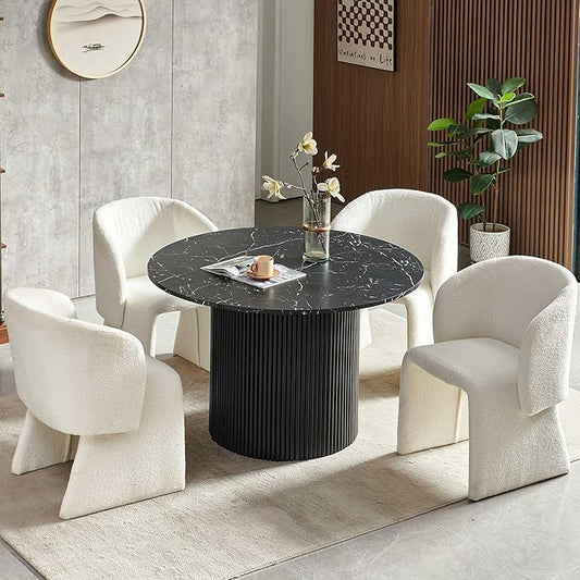 NORDICANA 5-Piece Round Dining Table Set for 4, Modern 47-Inch Kitchen Table and Chair Set, Dining Set with Off White Upholstered Armchairs, Manufactured Wood Top with Black Marble Effect Finish