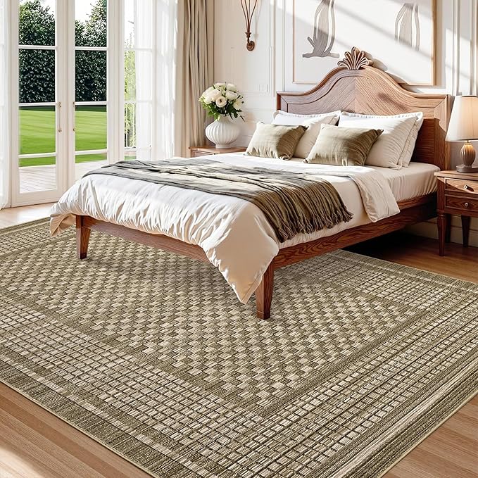 Washable Rugs 9 x 12 Rug for Living Room Modern Bedroom Rug Contemporary Large Area Rug Non Slip Throw Rugs Checkered Farmhosue Stain Resistant Carpet for Office Dining Room 9'x12' Brown