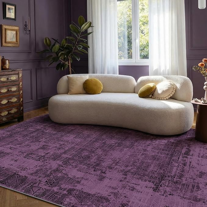 Kokia Abstract 8x10 Area Rugs Living Room Washable Low Pile Non-Slip Indoor Decor Purple Carpet Foldable Stain Resistant Ombre Rugs Bedroom Dining Room, Oslo Plum