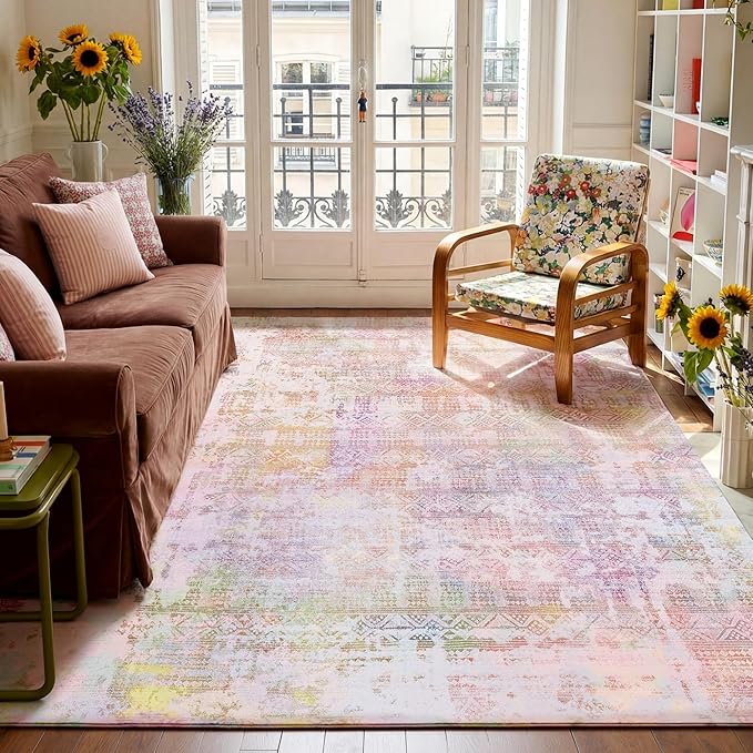 Kokia Abstract 8x10 Area Rugs Living Room Washable Low Pile Non-Slip Indoor Decor Pink Orange Carpet Foldable Stain Resistant Ombre Rugs Bedroom Dining Room, Oslo Liora