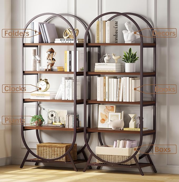 Bookshelf Arched Bookcase, 5 Tier Open Freestanding Display Shelf for Home Office, Living Room, Walnut