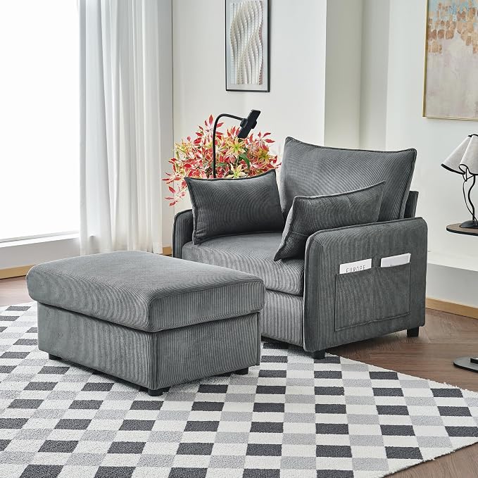 55" Modern Accent Chair with USB Ports, Storage Ottoman & Adjustable Holder, Corduroy Chaise Lounge for Reading in Apartment Living Room (Grey)