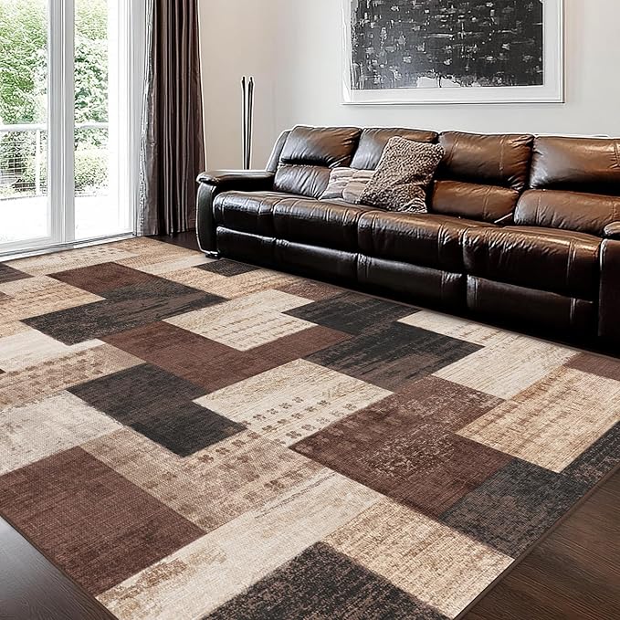 Modern Geometric Patchwork Indoor Area Rug for Living Room, Chocolate 9'x 12' Large Rug Rockwood Collection Hardwood Floors Decor for Bedroom, Brown Throw Carpet for Office Entryway Dining Room