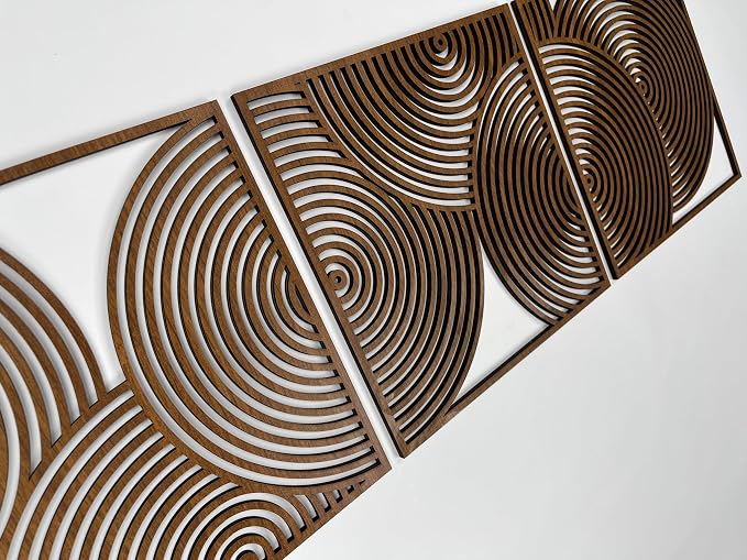 Large Midcentury Modern Wood Wall Art Trio, Geometric Wood Panels with Bold Circular Cutouts, Boho Living Room Decor Above Sofa or Bed #83