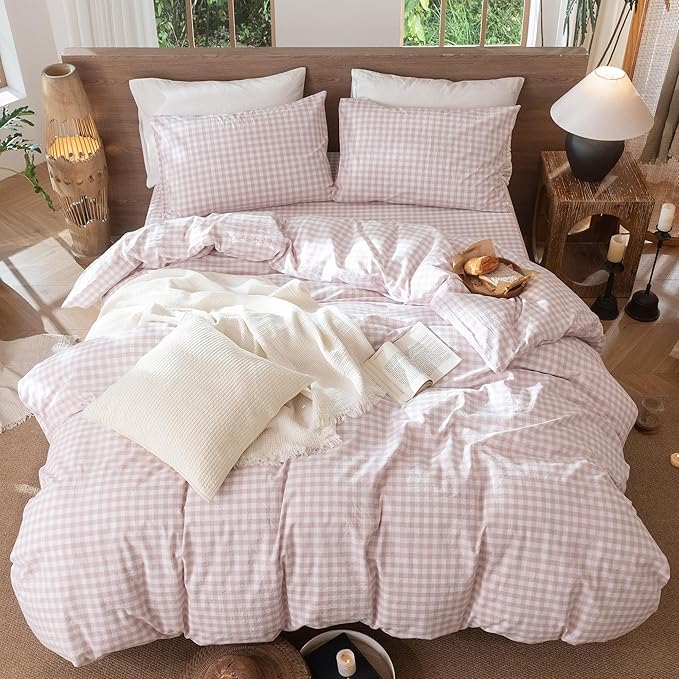 MooMee Gingham Duvet Cover Set 100% Washed Cotton Linen Like Textured Breathable Durable Soft Comfy Modern Checkered Design (Classic Gingham Greyish Pink, Full 80"x90")