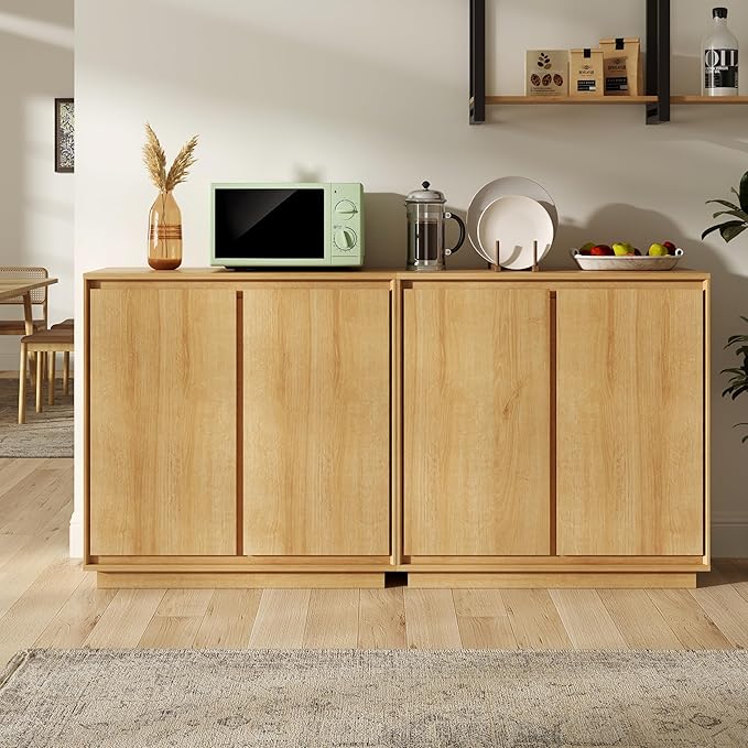 3pcs Sideboard Cabinet Buffet Cabinet with Storage with Adjustable Shelves and Handle-Free Design Suitable for Kitchens,Hallway,and Living Rooms Natural Oak